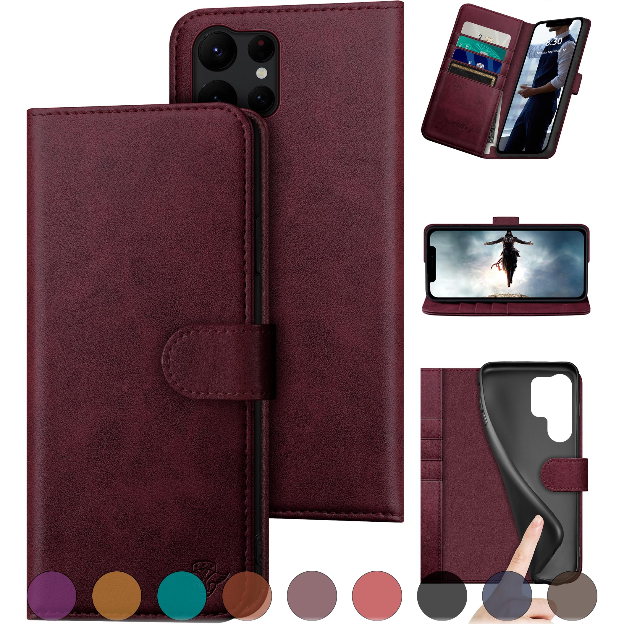 Genuine Leather Wallet Case for Samsung Galaxy S24 Ultra - RFID Blocking, 4 Credit Card Holder, Flip Folio Book Cover - Protective Phone Case for Women & Men (Wine Red) | Perfect for Business, Travel & Everyday Use