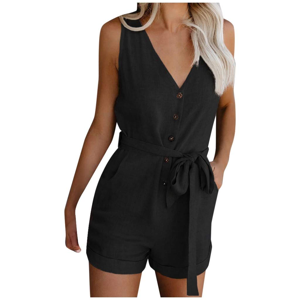 Women's Summer Casual Deep V Neck Short Sleeve Wrap Jumpsuit with Belt & Pockets - Wide Leg Romper for Beach, Vacation & Everyday Wear