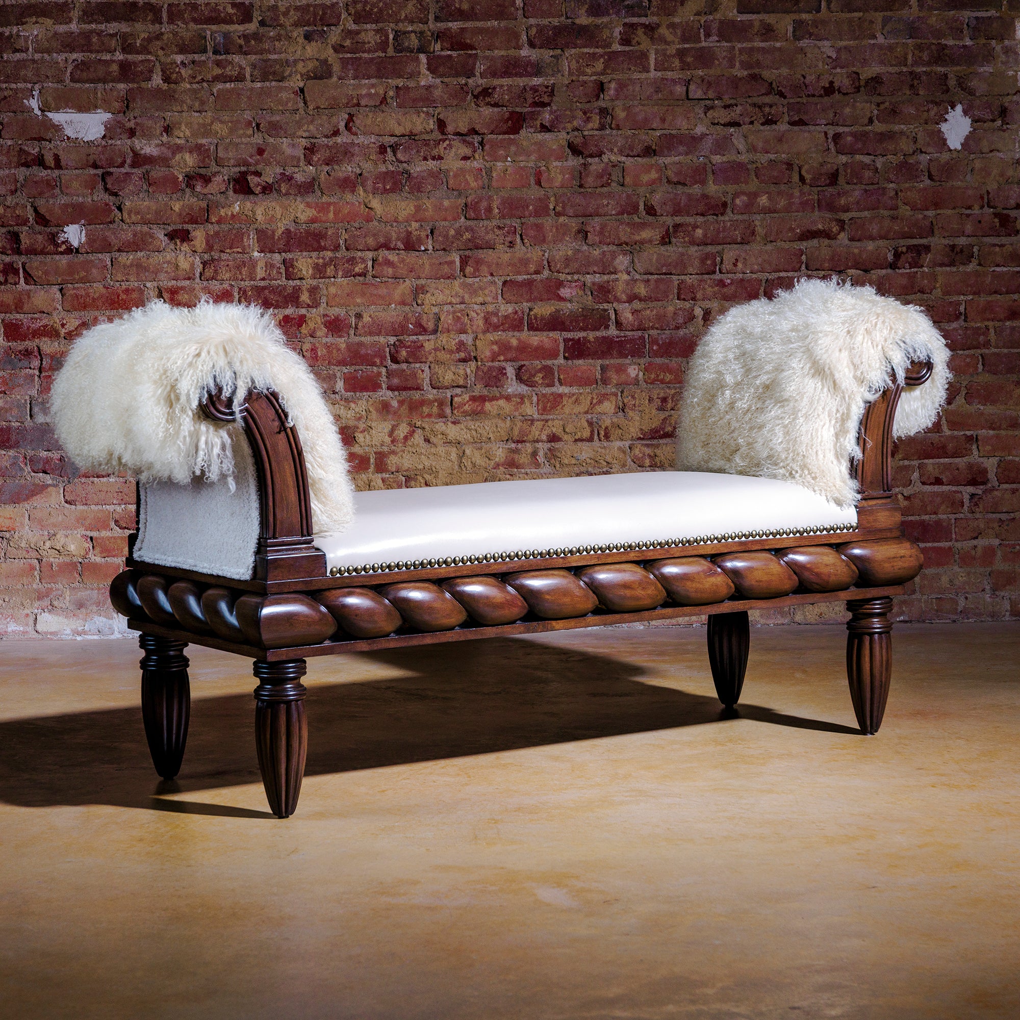 Handmade Tibetan Fur & Leather Western Style Bench with Carved Wood Accents - Rustic Home Decor for Living Room, Bedroom or Entryway - Perfect for Cozy Seating and Western-Themed Interior Design