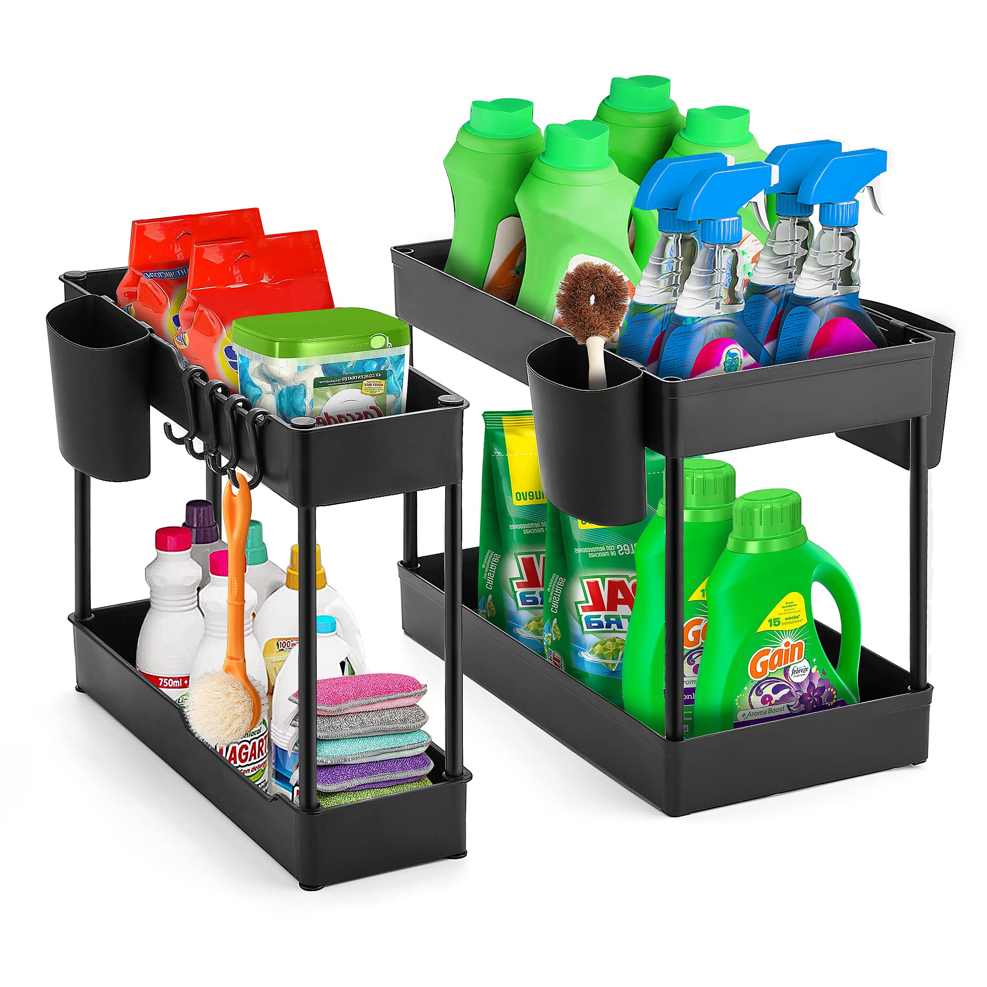 2-Tier Under Sink Organizer with 8 Hooks - Space Saving Cabinet Storage for Kitchen & Bathroom (Black, 2-Pack) | Perfect for Organizing Cleaning Supplies, Sponges & Toiletries Under Your Sink