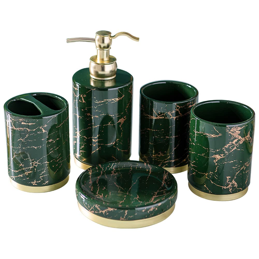 Luxury Green Marble Ceramic Bathroom Accessories 5-Piece Set - Toothbrush Holder, Soap Dispenser, Tumbler, Lotion Bottle & Tray for Modern Bathroom Decor - Perfect for Couples, Home Spa & Hotel Style Upgrade