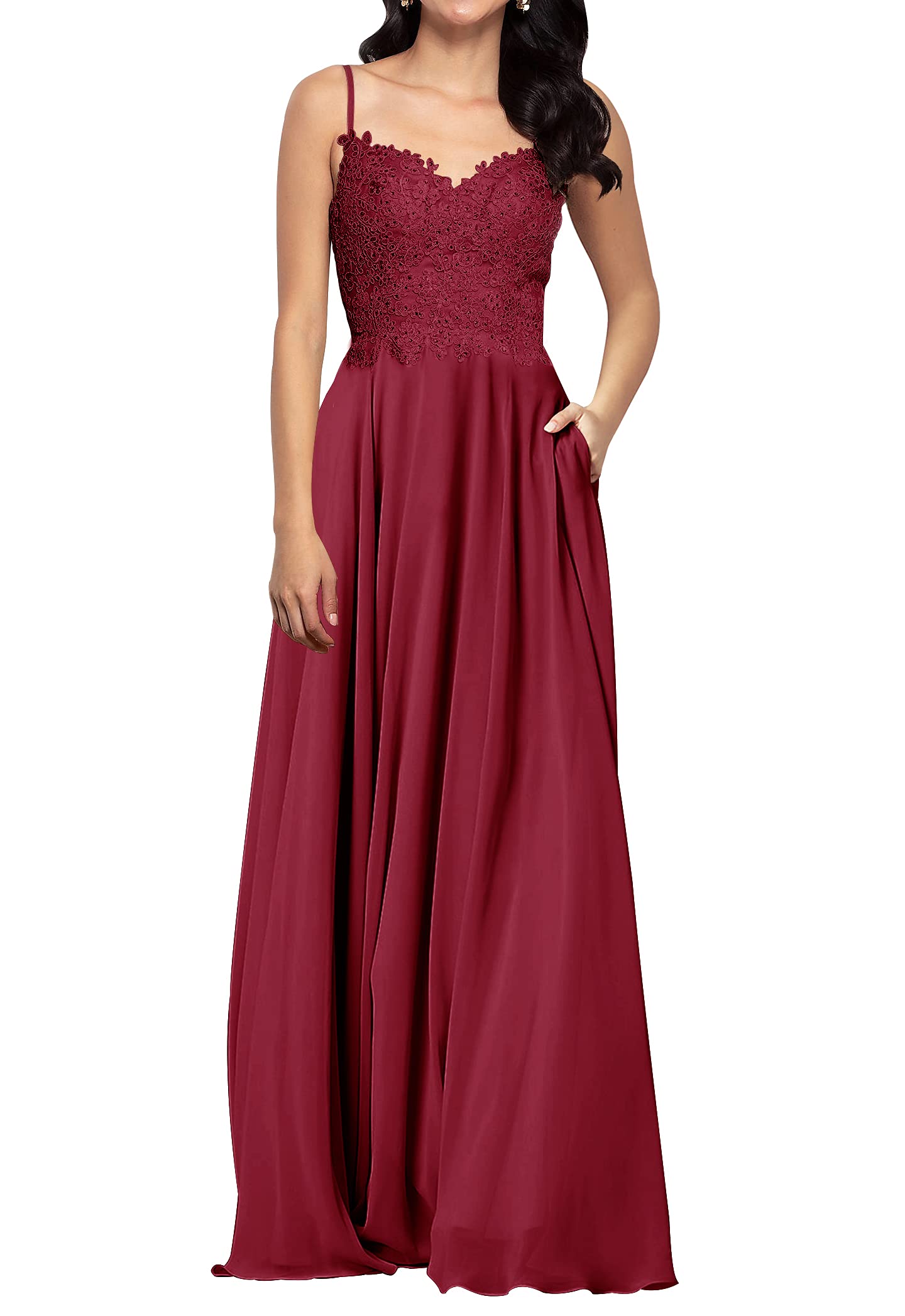 Elegant Long Chiffon Prom Dress with Lace Details & Pockets - Formal Evening Gown for Bridesmaid & Homecoming - Perfect for Prom Night, Wedding Party & Special Occasions