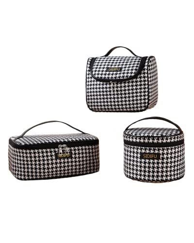AK Homes Large Capacity Houndstooth Pattern Toiletry Bag | Waterproof Makeup Organizer & Travel Cosmetic Case | 3-Piece Set for Bathroom, Shower & Gym Essentials | Black & White Design for Women & Men