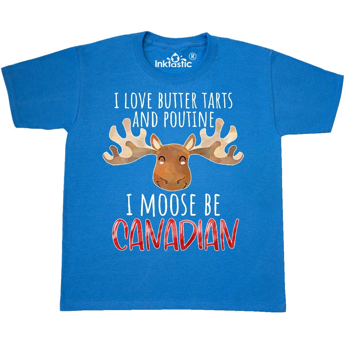 Inktastic 'I Love Butter Tarts and Poutine I Moose Be Canadian' Pun Youth T-Shirt | Funny Canada Pride Graphic Tee for Kids | Perfect for Canadian Holidays, School Events & Family Gatherings