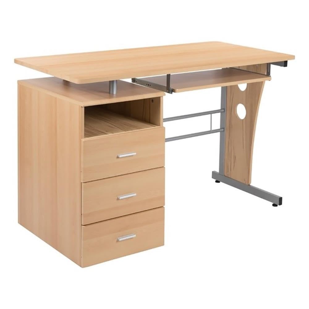 BOWERY HILL 3-Drawer Wood and Steel Computer Desk with Maple Finish - Perfect for Home Office, Study Room & Small Workspaces
