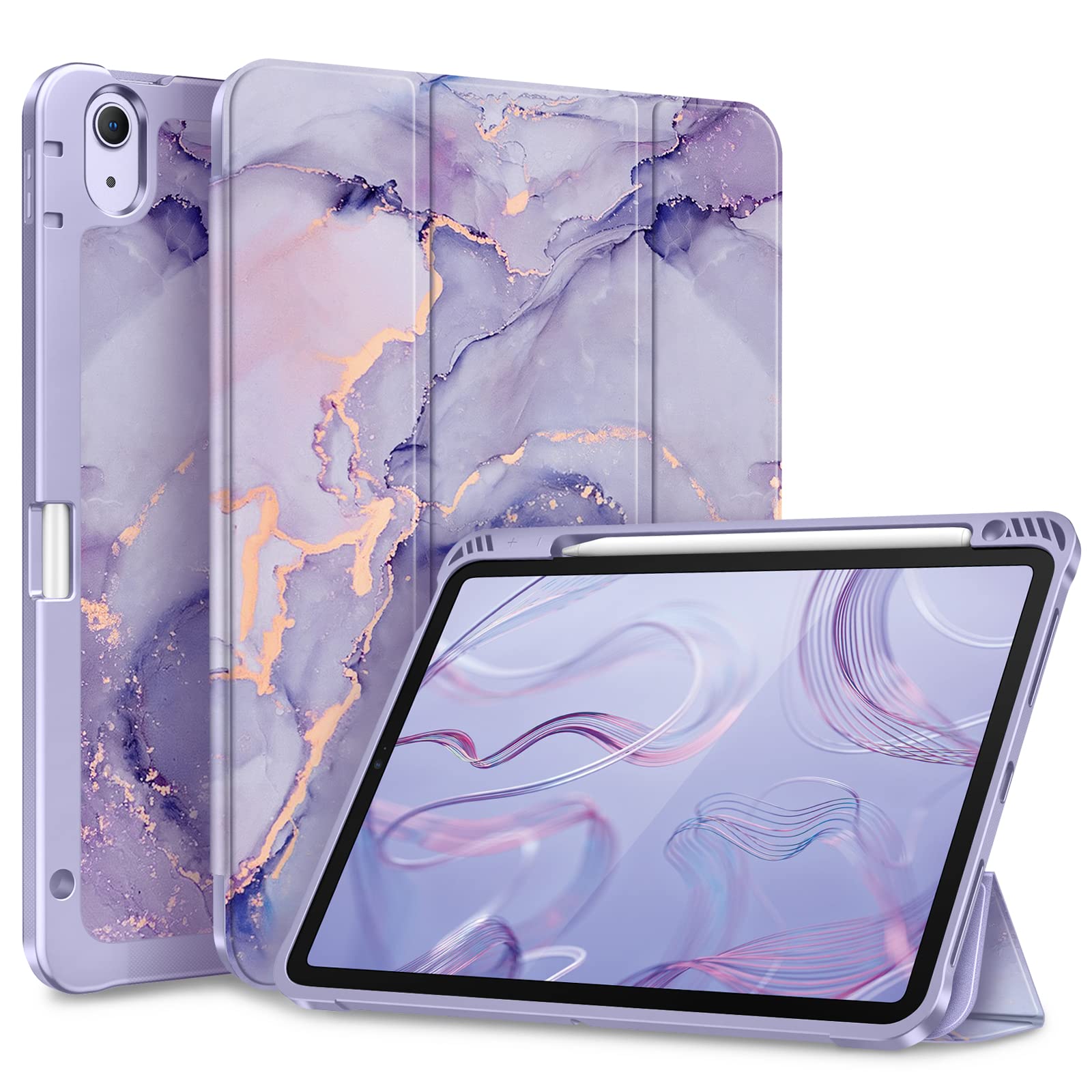 Fintie SlimShell Case for iPad Air 5th Generation (2022) / iPad Air 4th Generation (2020) 10.9 Inch - Lightweight Flexible Soft TPU Stand Cover with Apple Pencil Holder, Auto Sleep/Wake Feature, Lilac Marble Design - Perfect for Work, Study & Travel Protection
