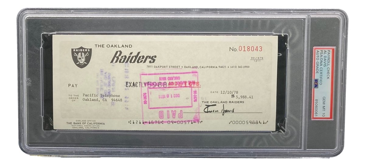 Authentic Al Davis Signed Oakland Raiders Bank Check #18043 PSA/DNA Gem MT 10 - Perfect for NFL Memorabilia Collectors & Raiders Fans Display