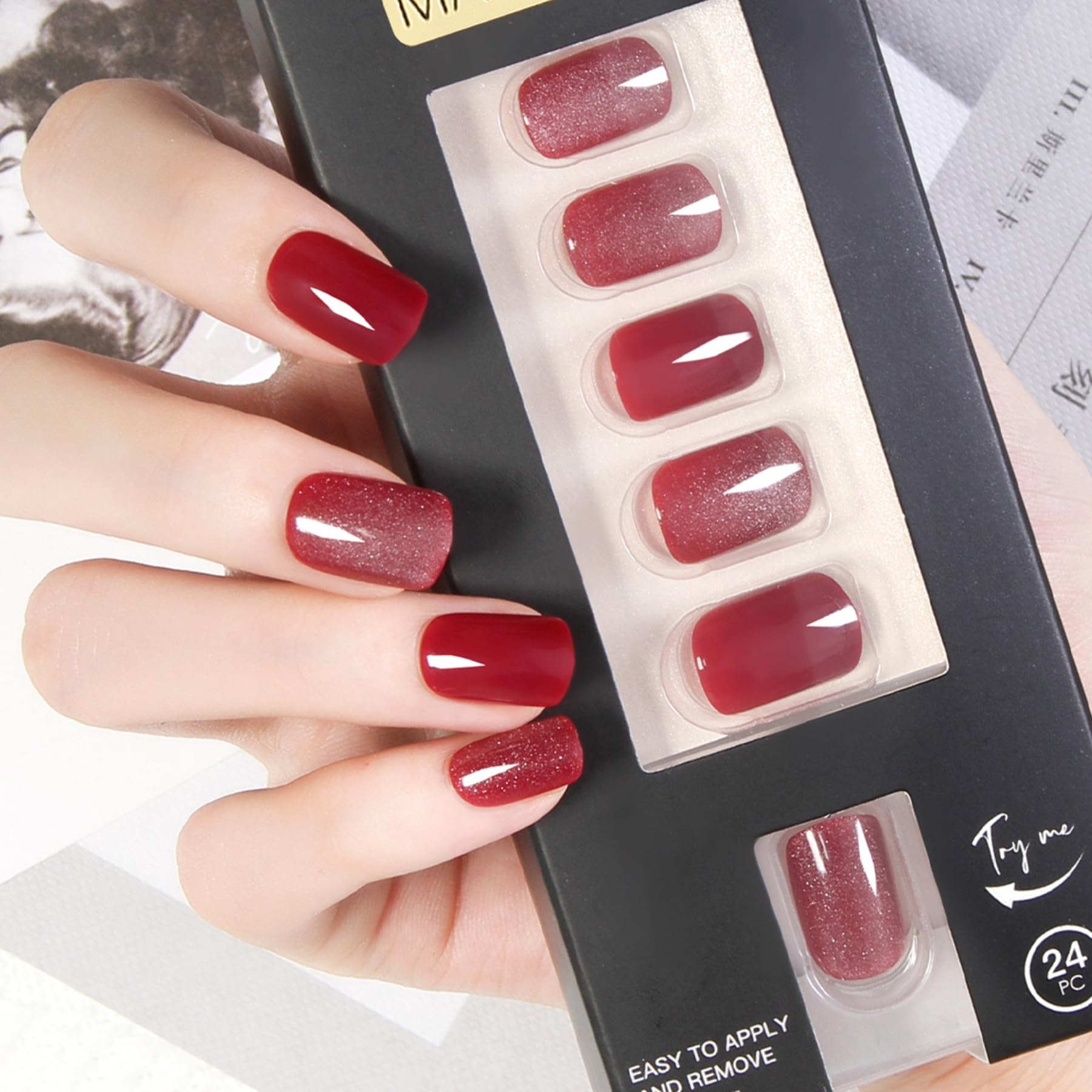 Short Square Press On Nails - 24Pcs Red Cat Eye Glossy Acrylic Fake Nails with Adhesive Tabs | Reusable & Trimmable Artificial Nails for Women & Girls | Perfect for Festivals, Parties & Daily Wear