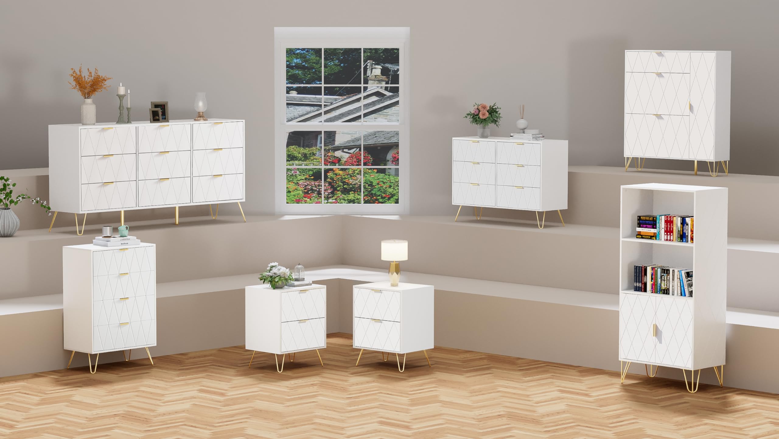 Anbuy 7-Piece Modern Bedroom Furniture Set - White 9-Drawer Dresser, 6-Drawer Dresser, 2 Nightstands, Shoe Cabinet & Bookcase for Master Bedroom Decor