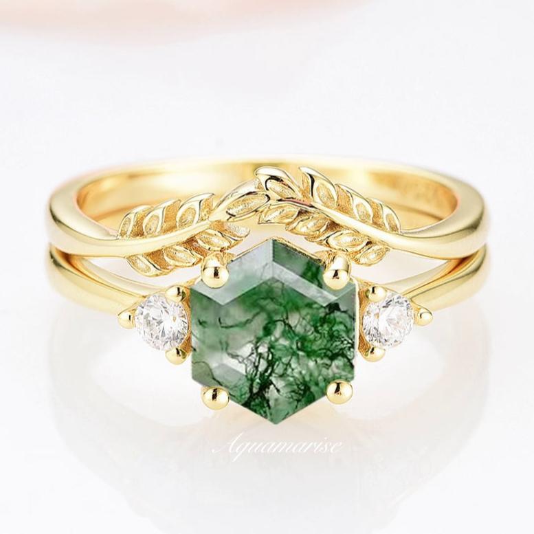 Natural Moss Agate Fairy Leaf Ring Set - 14K Yellow Gold Vermeil Stackable Rings for Women, Nature-Inspired Jewelry for Boho Style & Everyday Wear