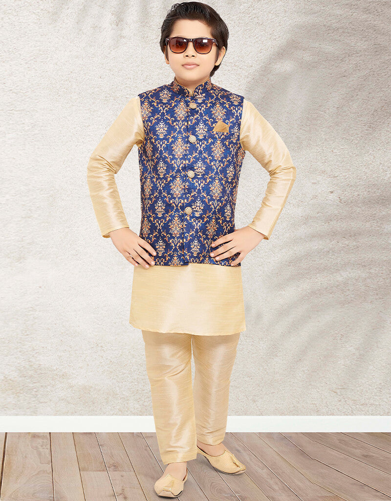 Elegant Cream Kurta Pajama Set - Printed Banarasi Silk Ethnic Wear for Men - Perfect for Weddings, Festivals & Special Occasions