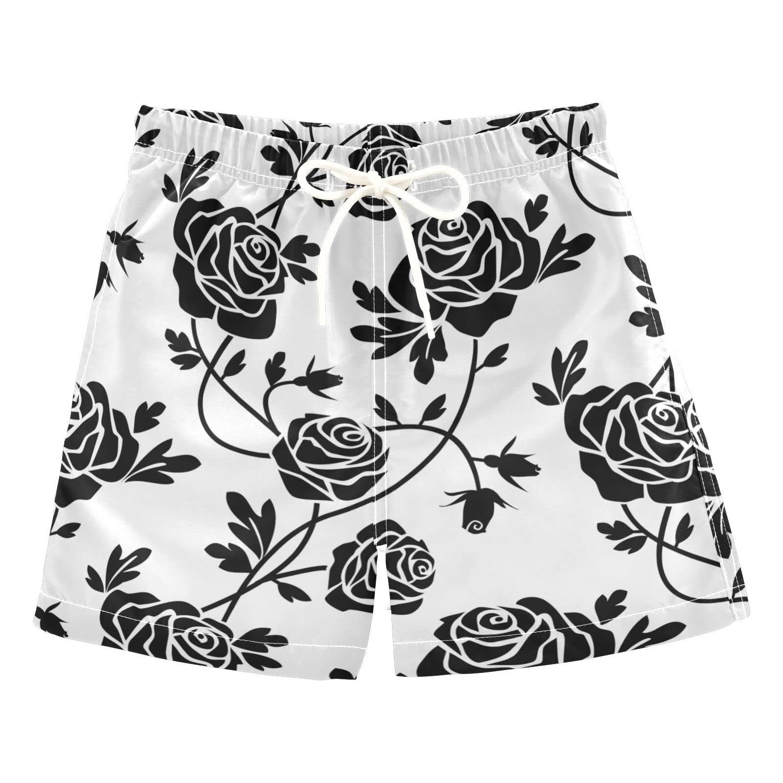 AMICHIC Boys Black Roses Print Swim Trunks - Quick Dry Board Shorts for Beach, Surf & Swimming - Hawaii Vacation Essentials - Perfect for Pool, Water Sports & Summer Outings