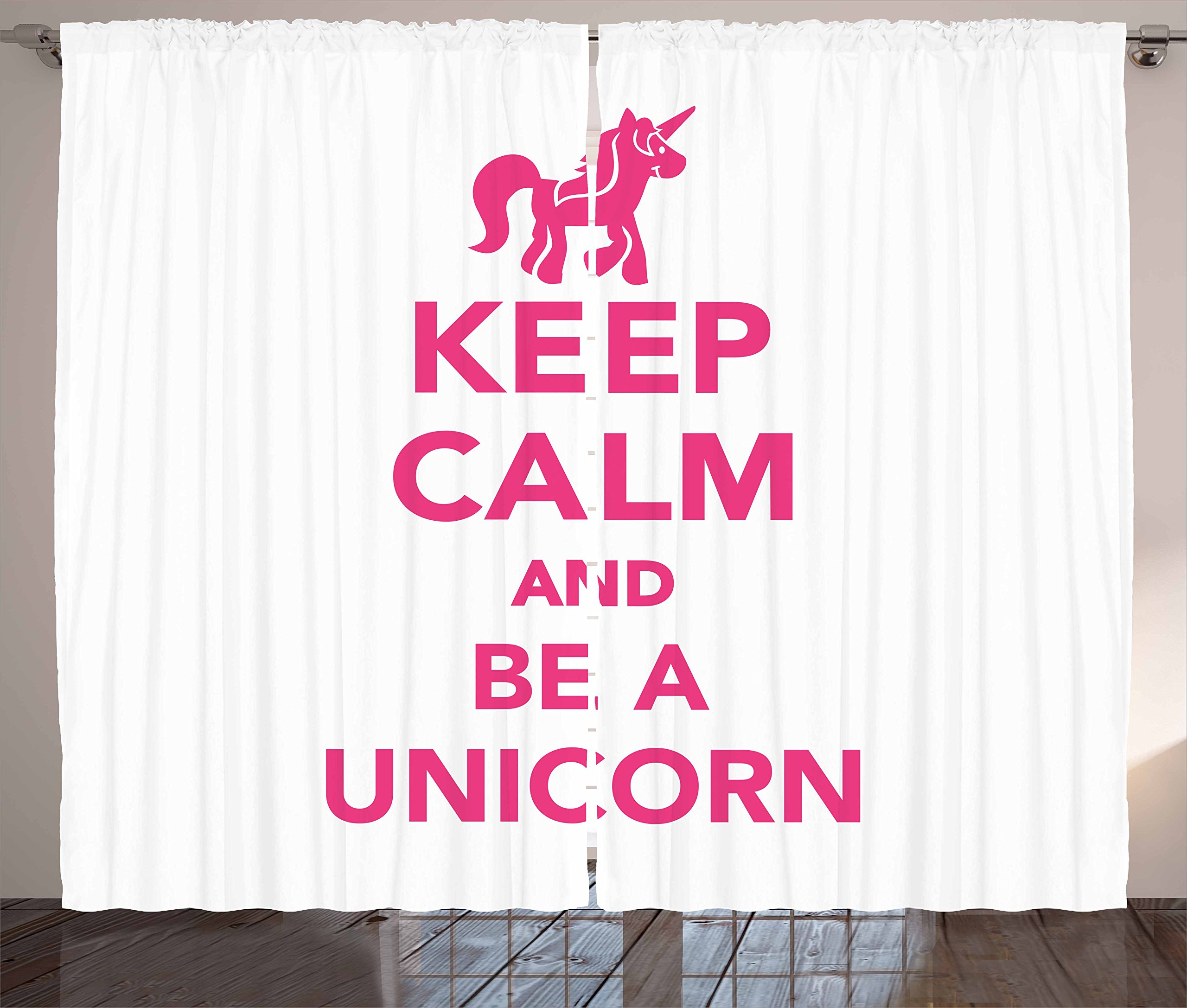 Ambesonne Keep Calm and Be a Unicorn Curtains - Pink & White Mythological Pony Animal Print Window Drapes, 2 Panel Set (108