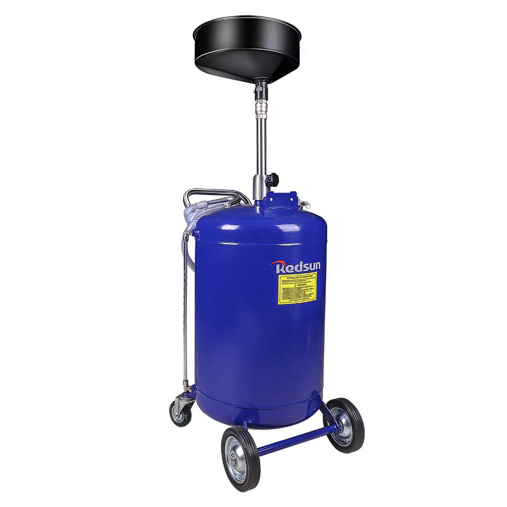 Redsun 30 Gallon Portable Oil Drain Tank - Air Operated, Adjustable Funnel Height with Wheels for Easy Oil Removal (Blue) - Ideal for Automotive Shops, DIY Oil Changes & Industrial Maintenance