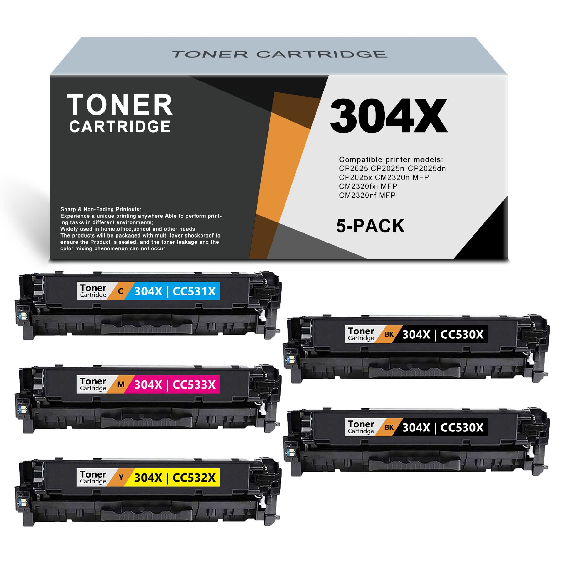 HP CM2320nf CM2320n CM2320fxi CP2025 Series Compatible High Yield 304X Toner Cartridge Replacement (5 Pack, 2BK/C/M/Y) - Reliable Printing for Office Documents, Reports & Presentations - Sold by ARSEINK