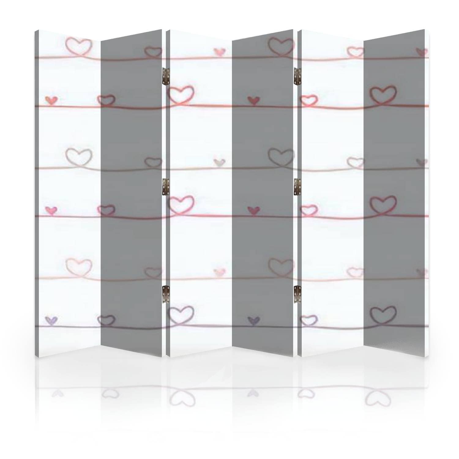 White Canvas Room Divider Screen with Heart & Wavy Line Design - 6 Panel Folding Privacy Partition for Bedroom, Office & Living Space | Home Decor & Room Separator