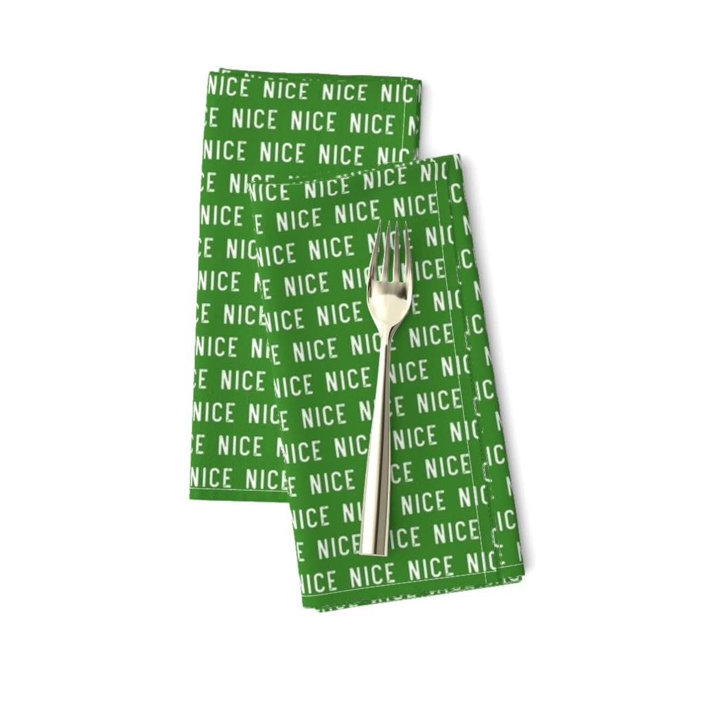 Christmas Santa Holiday Block Print Linen Cotton Canvas Dinner Napkins Set of 2 - Green White Scale Trendy Typography Print Cloth Napkins for Holiday Parties, Festive Dining & Christmas Decorations
