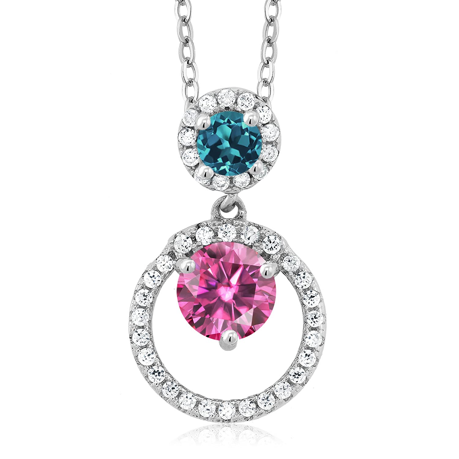Gem Stone King 925 Sterling Silver Pendant Necklace with Round Pink Moissanite & London Blue Topaz (1.73cttw) - Elegant Jewelry Gift for Women, Perfect for Weddings, Anniversaries & Special Occasions