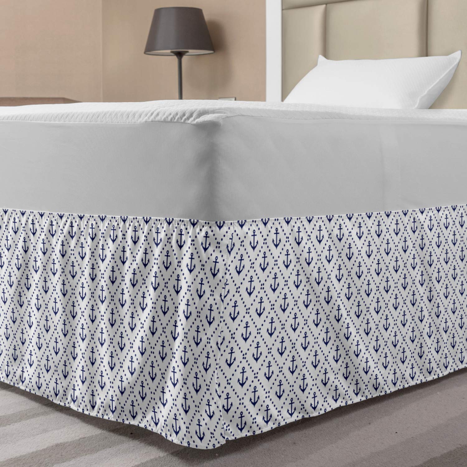 Ambesonne Nautical Bed Skirt with Anchor & Diamond Dot Pattern - Navy Blue Elastic Wrap Around Dust Ruffle for Queen/Full Size Beds | Perfect for Coastal, Marine & Sailing Themed Bedroom Decor