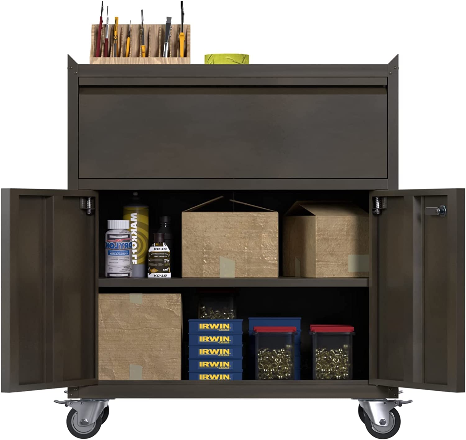 JAORD Heavy Duty Metal Storage Cabinet with Wheels - Mobile Garage Chest with 2 Locking Doors & Adjustable Shelves - Rolling Tool Organizer for Workshop, Home Office & Garage Storage (ZY-DKMWL) - Perfect for Tools, Equipment & DIY Supplies Organization