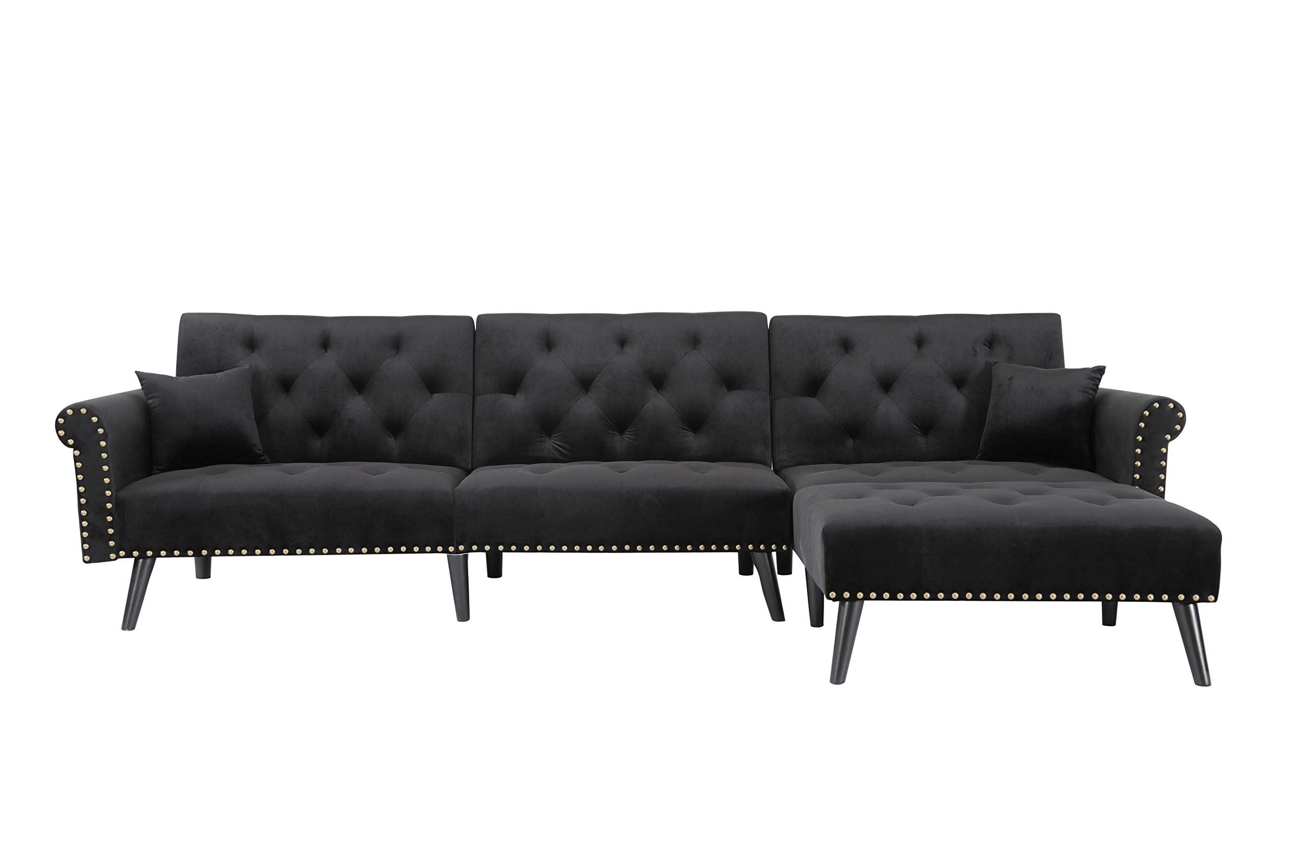 SIU Reversible Sectional Sofa Sleeper - Modern Convertible Sofa Bed with 2 Pillows (Velvet Black) for Living Room, Guest Room & Small Spaces