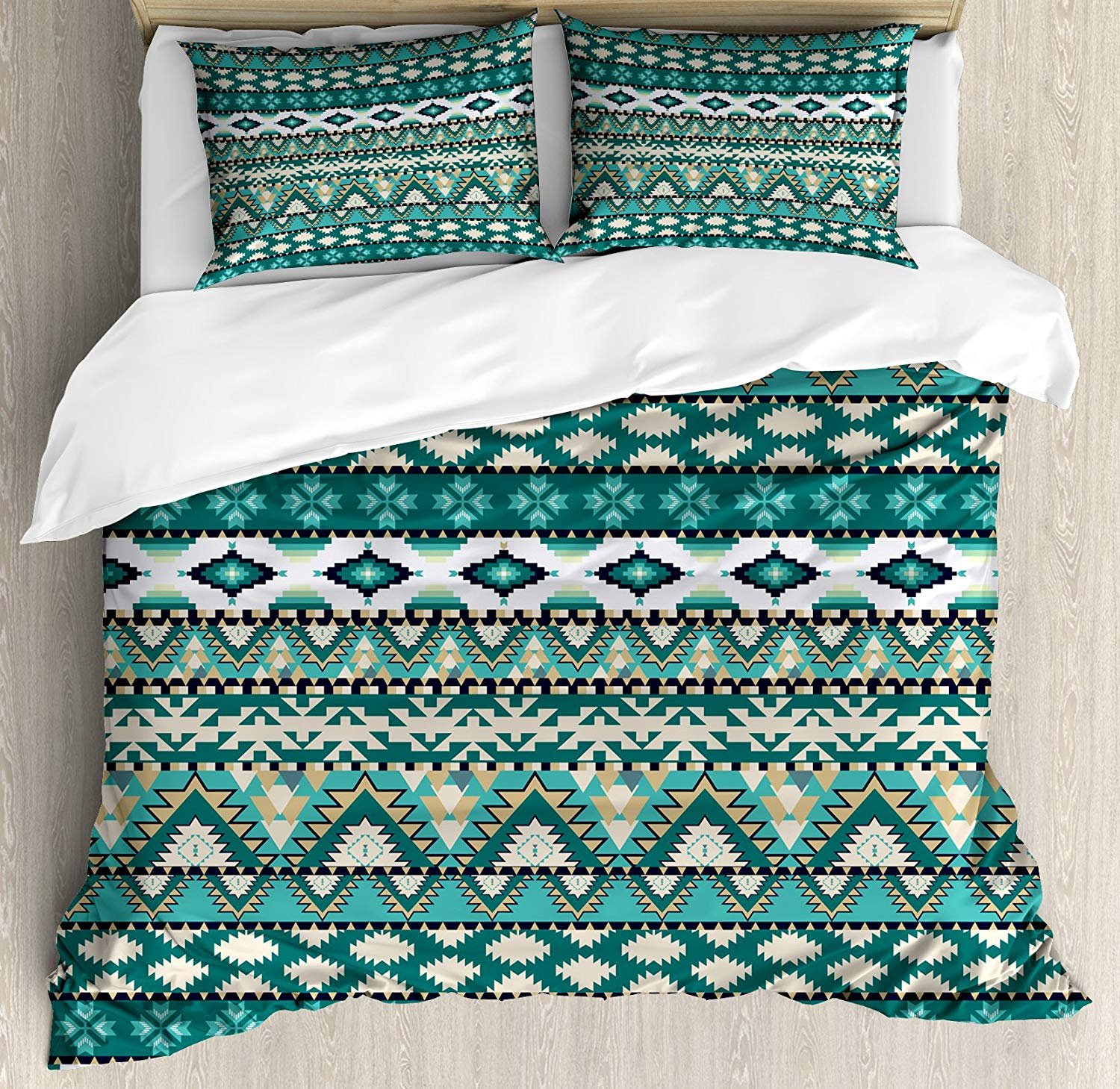 Aztec Tribal Quilt Bedding Set - Geometric Pixel Art Duvet Cover with Primitive Design, 3-Piece King Size Set in Teal Turquoise & Tan for Kids, Teens & Adults - Perfect for Bohemian & Eclectic Bedroom Decor