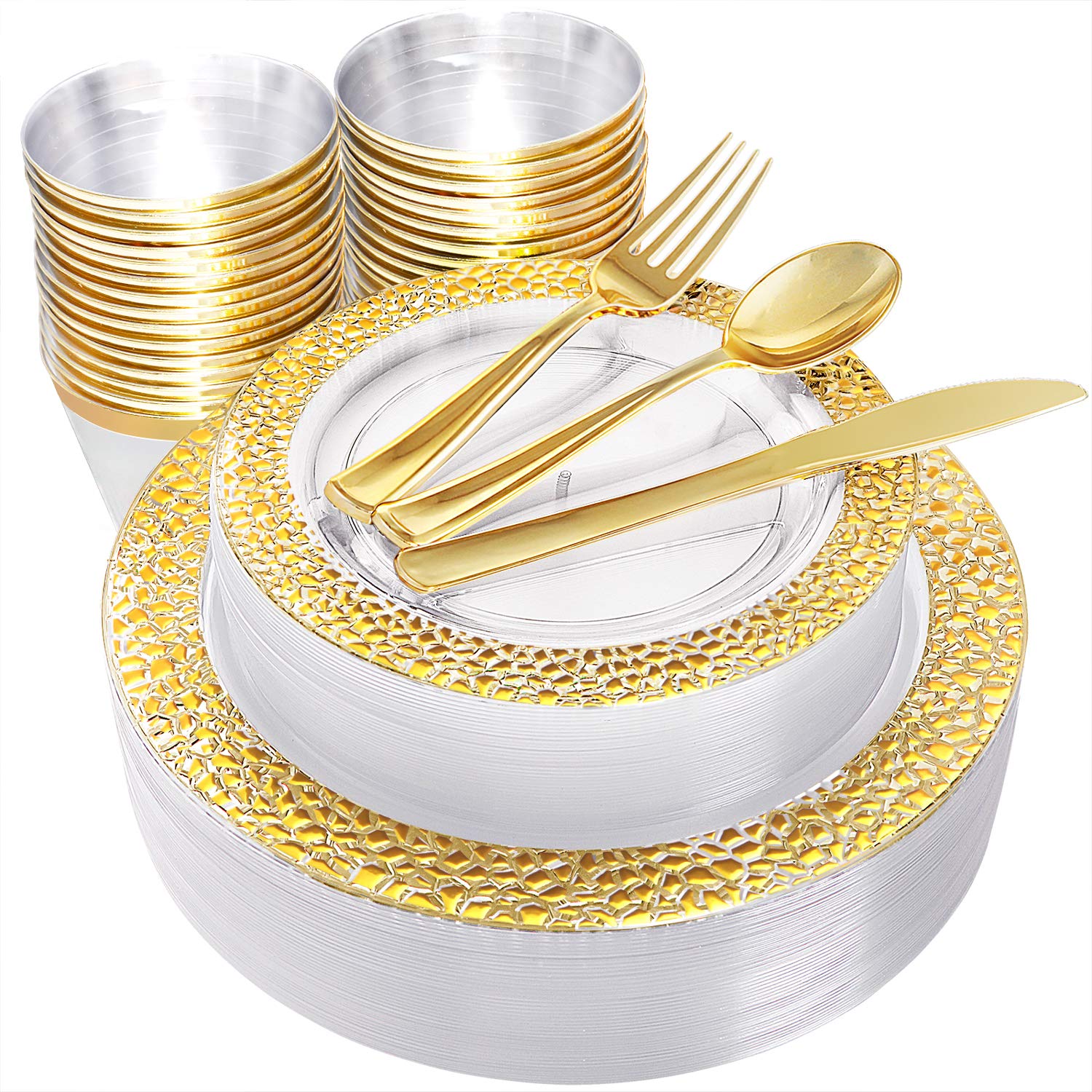 180-Piece Gold Plastic Dinnerware Set - Elegant Clear Plates with Gold Diamond Design, Gold Plastic Silverware, Gold Rimmed Cups - Perfect for Weddings, Parties & Formal Events
