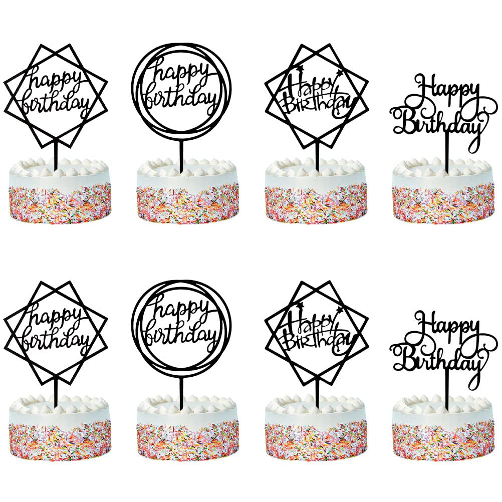 8 Pcs Black Happy Birthday Cake Toppers - Acrylic Birthday Party Decorations for Cakes & Cupcakes - Perfect for Birthday Celebrations, Anniversaries, and Special Events