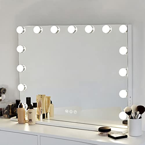 Hansong Large LED Vanity Mirror with 15 Dimmable Bulbs - Hollywood Style Lighted Makeup Mirror for Dressing Table, Wall Mount or Tabletop Use - Perfect for Home Beauty Salon, Bedroom Decor & Professional Makeup Application