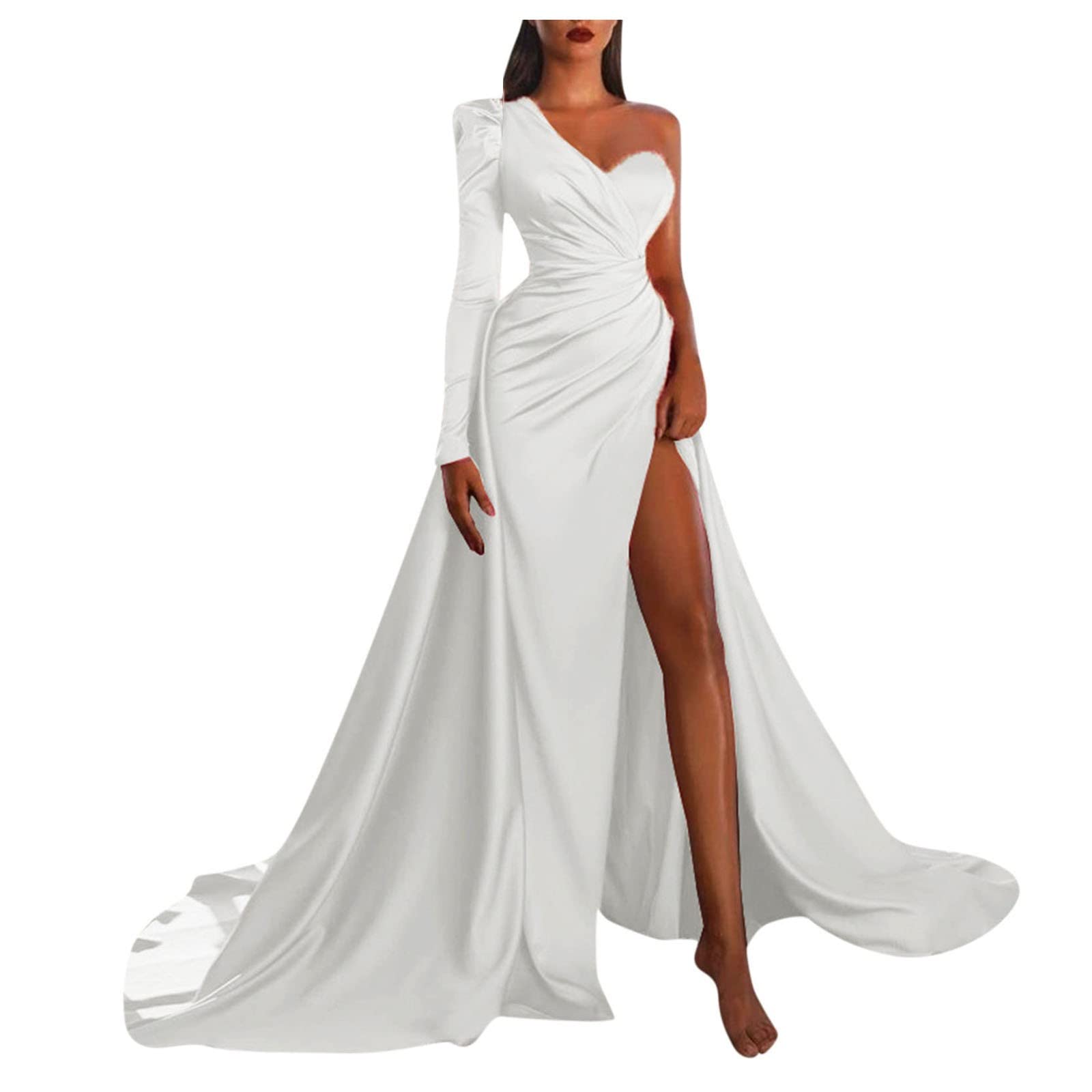 Elegant Long Slit Banquet Dress for Women - Sexy Tail Shoulder Evening Gown in Black | Perfect for Formal Events, Parties, and Special Occasions