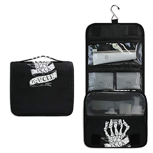 Skeleton Hand Rock Roll On Black Travel Cosmetic Bag - Hanging Toiletry Wash Bag for Women, Portable Makeup Organizer & Brush Case with Hook - Perfect for Bathroom, Toilet, Travel & Gym Essentials Storage