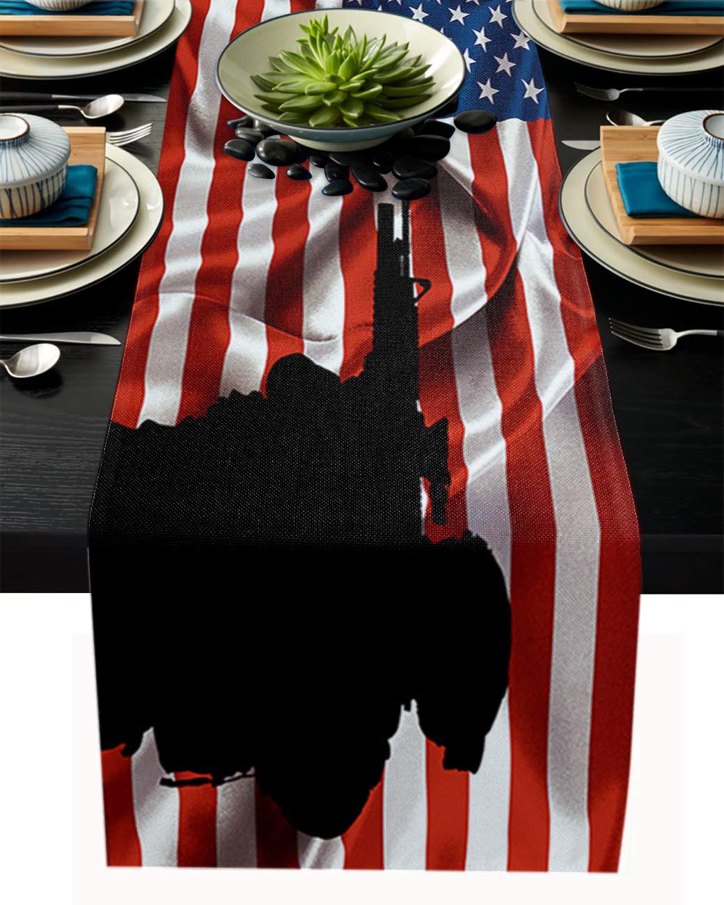 Patriotic Fluttering American Flag Table Runner - 18x72 Inch Linen Burlap Tablecloth for Independence Day, Memorial Day, 4th of July Decor - Perfect for Dining Table, Kitchen, Dresser, and Holiday Party Decorations