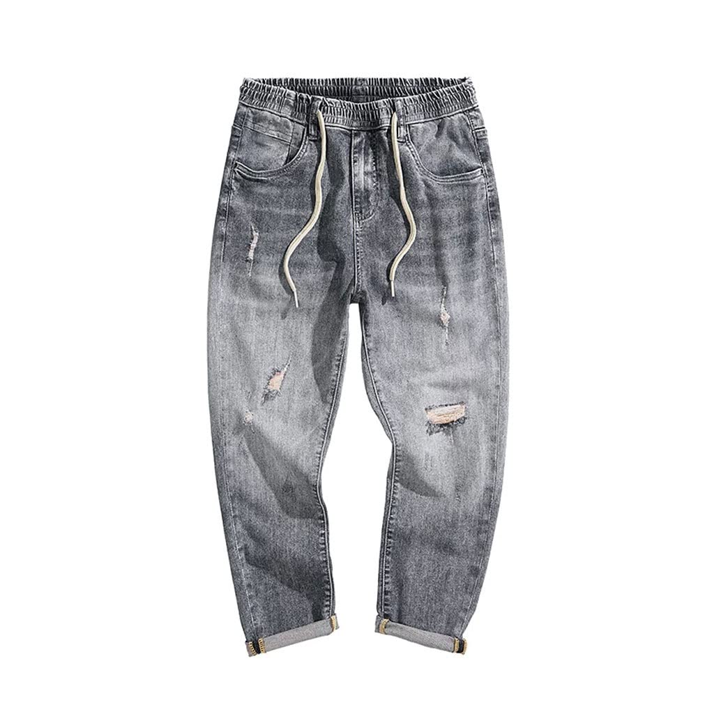 Men's Ripped Jeans - Grey Stretch Distressed Denim with Broken Holes, Streetwear Cropped Pants, Elastic Waist (Size 30) | Perfect for Casual Outfits, Urban Street Style & Night Out Looks