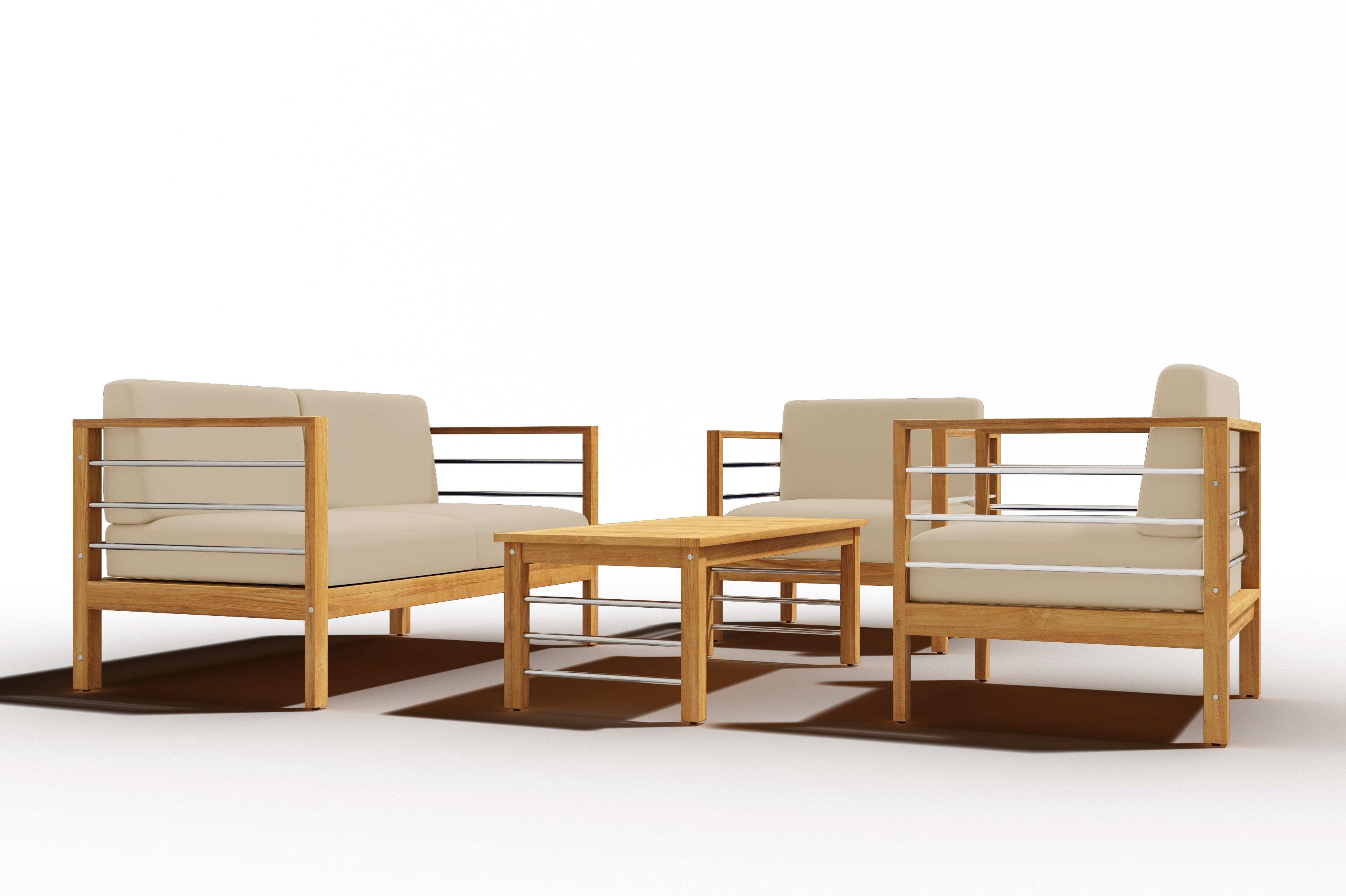 Leon 4-Piece Teak Outdoor Patio Deep Seating Set with Sunbrella Fawn Cushions – Durable All-Weather Furniture for Backyard, Garden & Poolside Relaxation
