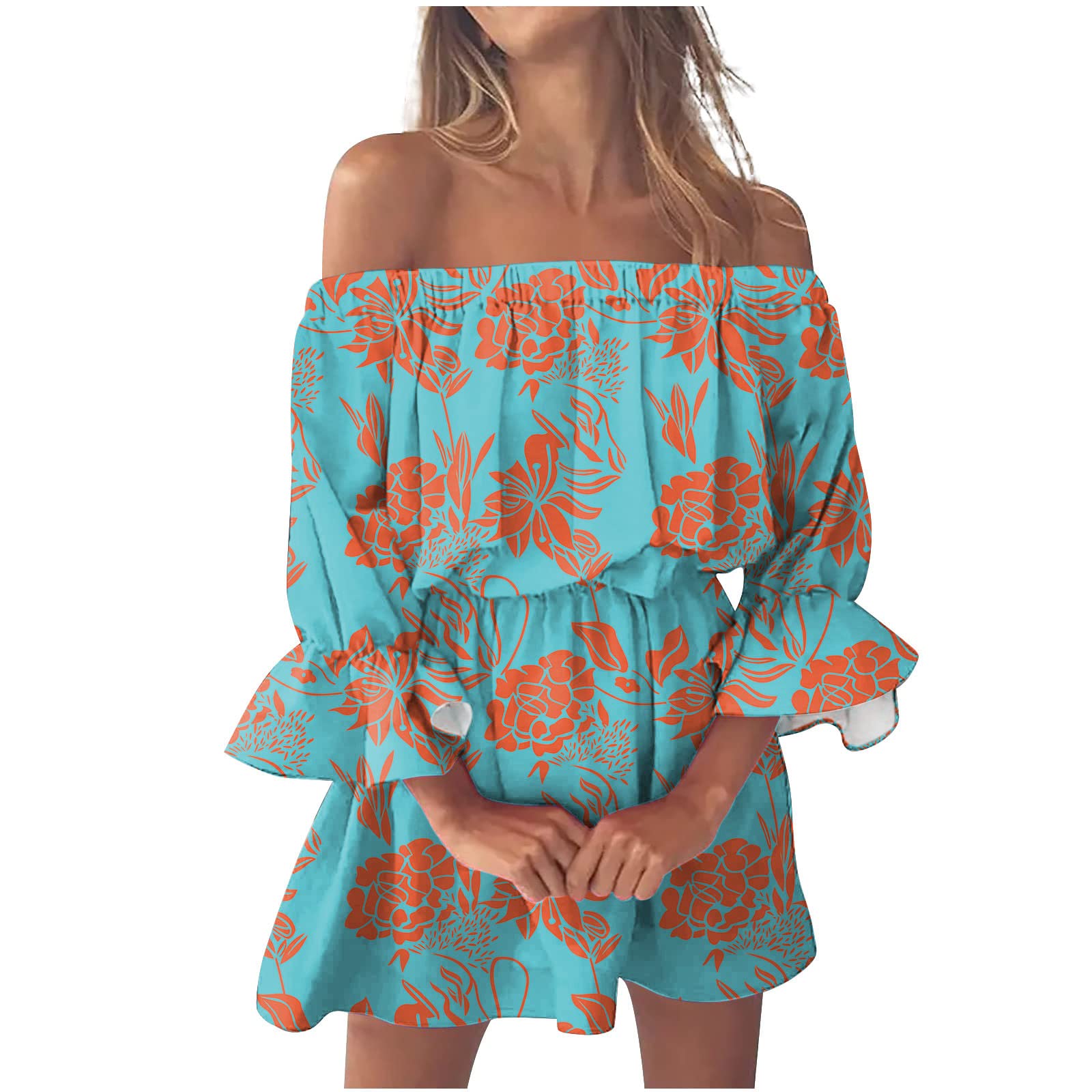2023 Women's Summer Dresses - Elegant Sexy Off Shoulder Printed Bell Sleeve Tunic Dresses for Party, Casual, Vacation & Wedding | Trendy Cocktail & Work Attire | Perfect for Beach Outings, Date Nights & Office Wear