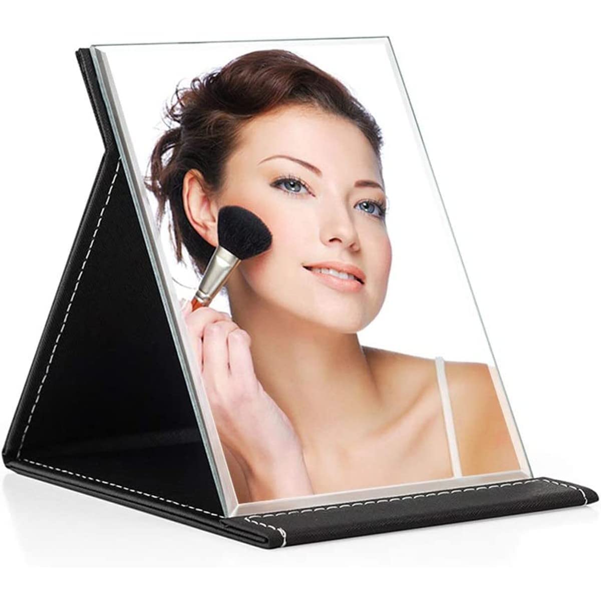 VELINEX® Foldable Makeup Mirror with Stand - Frameless Portable Vanity Mirror, Compact Rectangular Design, Perfect for Travel & Home Use (Black, 1 Pack)