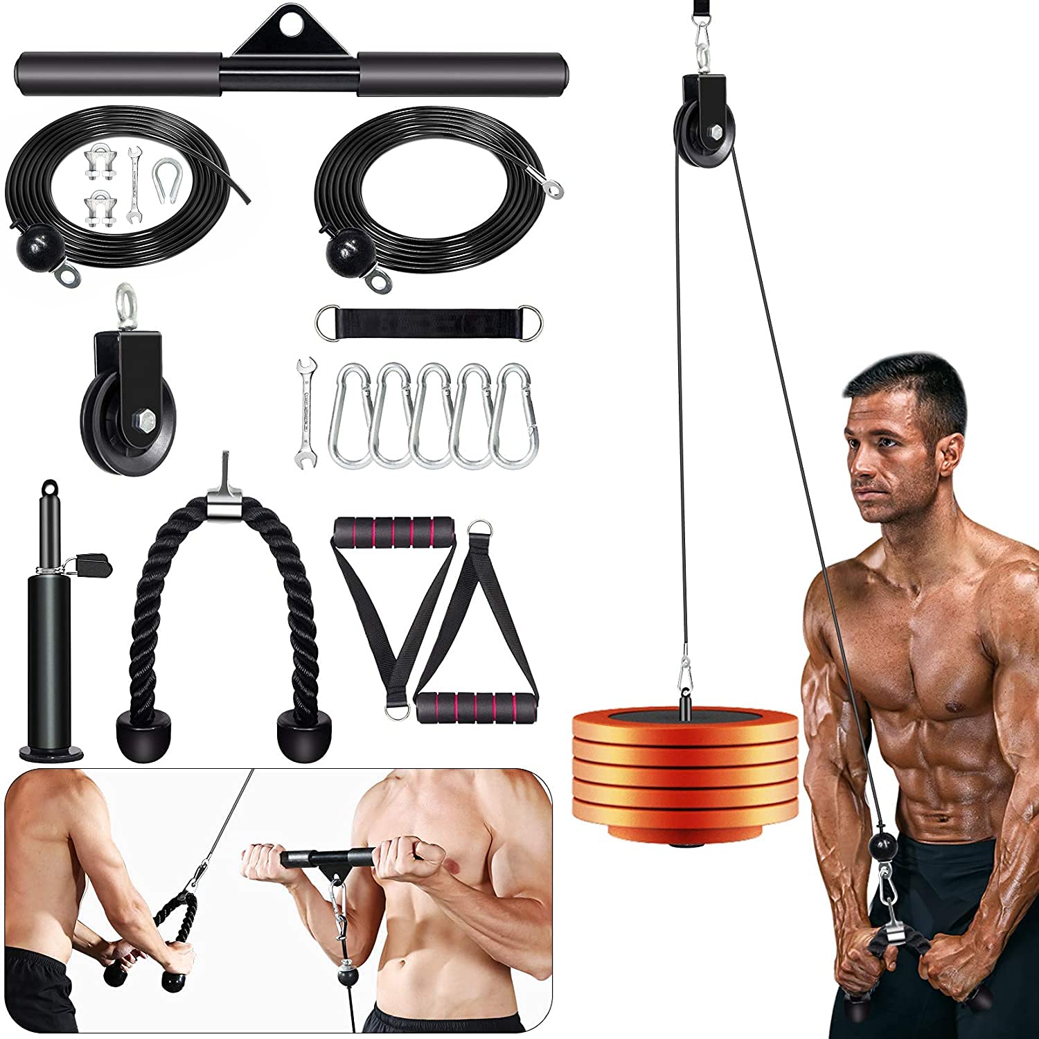 Outify 3-in-1 Adjustable Cable Pulley System for Home Gym - LAT Pull Down Machine with Triceps Rope & 17 Workout Attachments - Perfect for Strength Training, Muscle Building & Full Body Workouts at Home