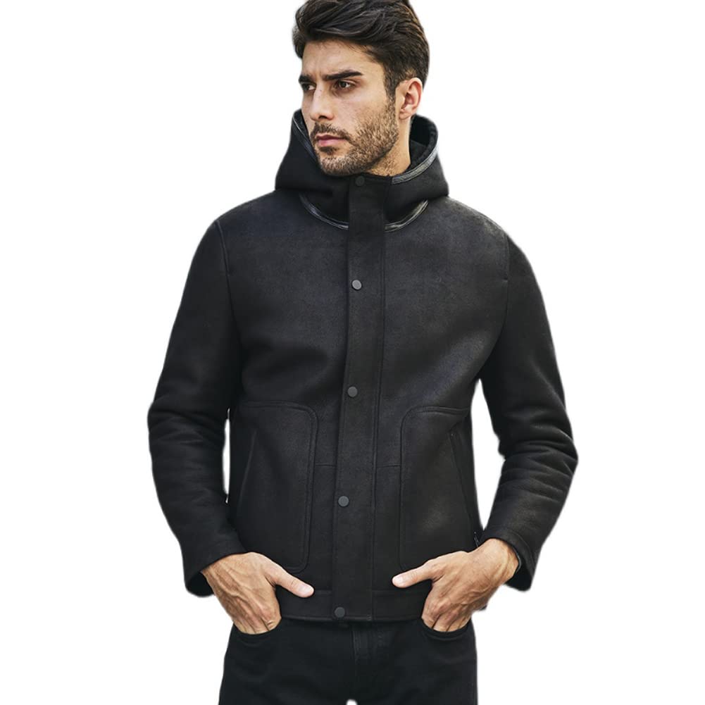 Denny&Dora Men's Shearling Jacket - Black Genuine Leather Coat with Warm Fur Lining | Winter Fashion Outerwear for Casual & Outdoor Activities