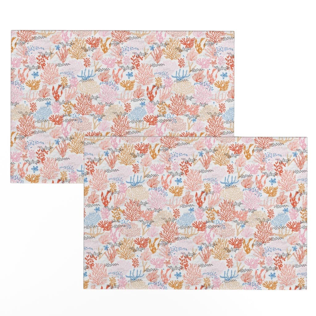 Spoonflower Linen Cotton Canvas Placemats Set of 2 - Coral Reef Nautical Pink Tropical Ocean Print Washable Table Mats for Dining, Kitchen Decor, Beach House, and Party Settings