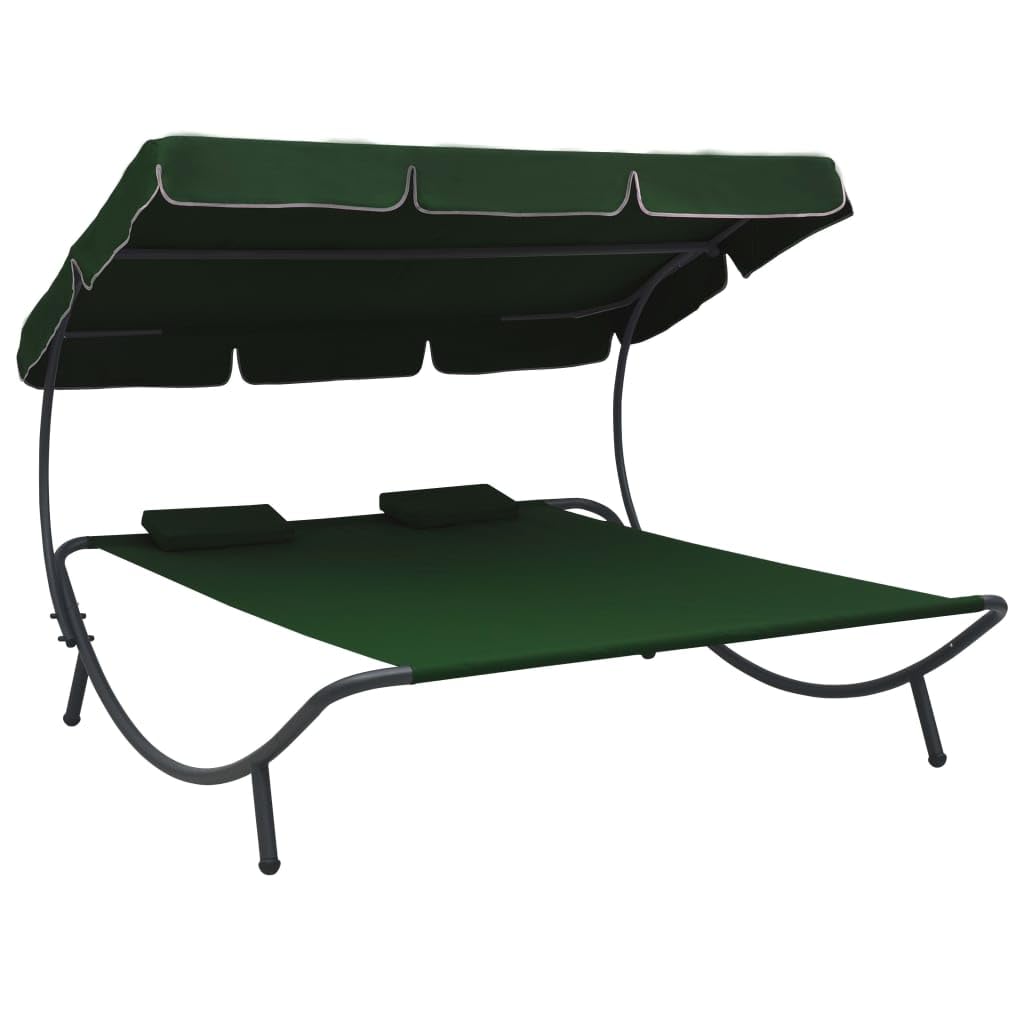 vidaXL Outdoor Double Chaise Lounge with Canopy & Pillows - Patio Daybed for Poolside, Lawn & Garden - Scandinavian Style Green Lounge Chair - Perfect for Sunbathing, Relaxing & Outdoor Lounging