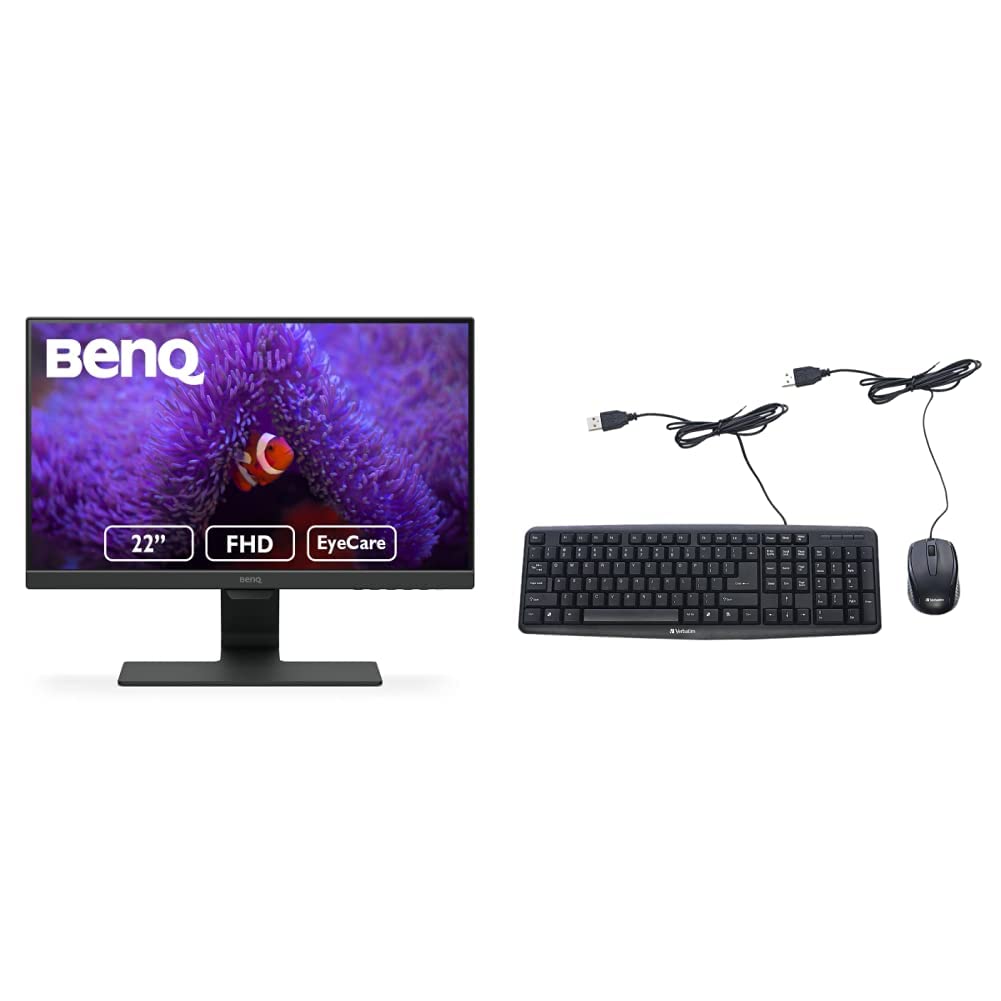 BenQ GW2283 22-Inch Eye-Care IPS Monitor 1080p with Verbatim Slimline Wired Keyboard & Mouse Combo - Full-Size USB Plug-and-Play for Home Office, Gaming & Productivity