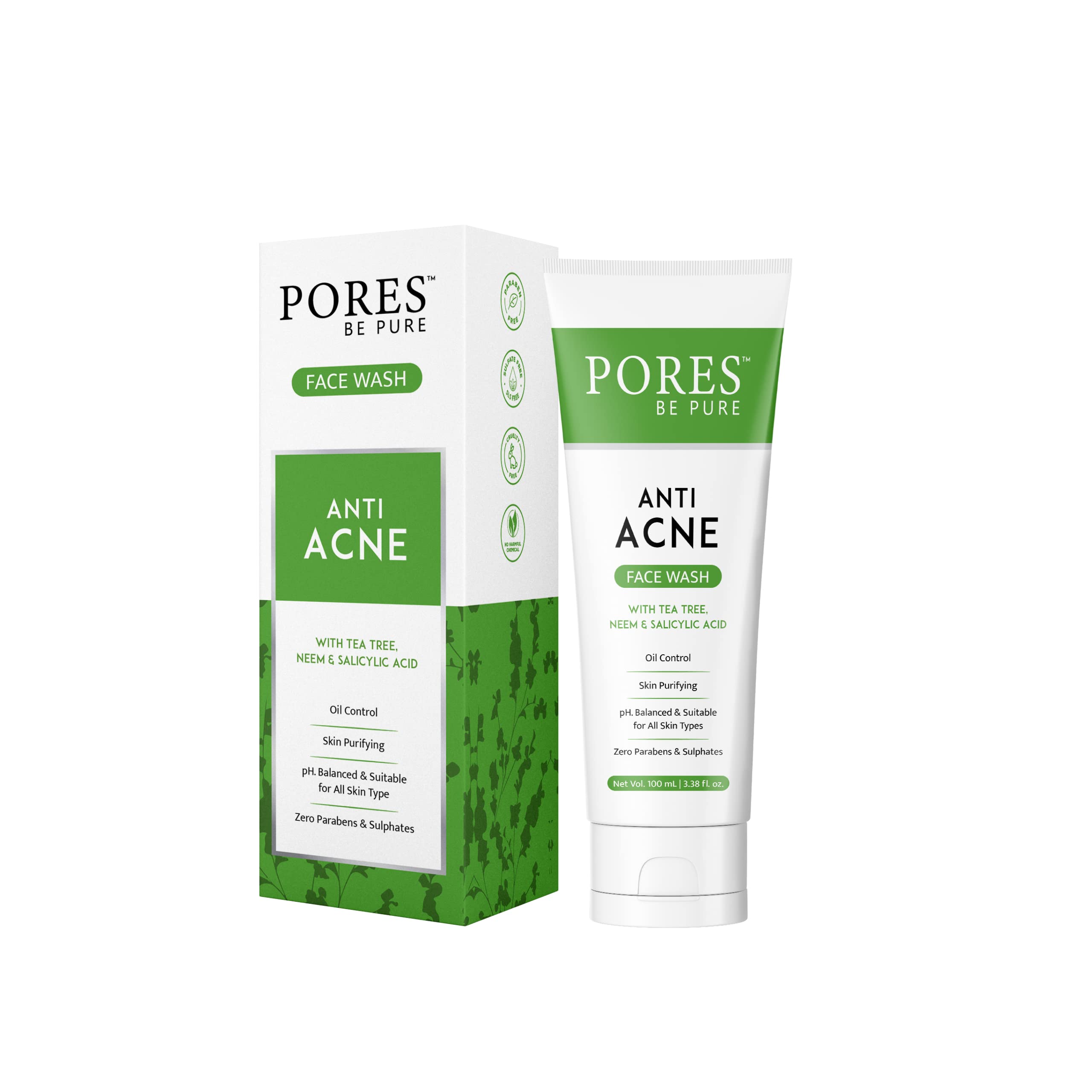PORES Be Pure Anti Acne Gel Face Wash with 1% Salicylic Acid, Tea Tree & Neem - Oil Control & Acne Treatment for Oily & Acne-Prone Skin - Gentle Cleanser for Women & Men (100mL) - Perfect for Daily Skincare Routine & Acne Prevention
