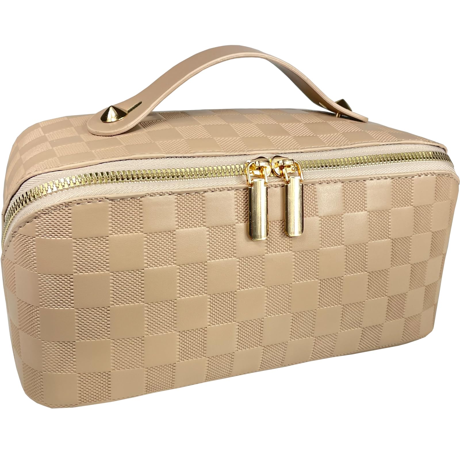 Checkered Makeup Bag Large Cosmetic Organizer for Women | PU Leather Travel Toiletry Bag with Handle & Divider Pockets | Wide Opening Metal Zipper | Perfect for Travel, Gym & Daily Makeup Storage (Khaki Checkered Pattern)