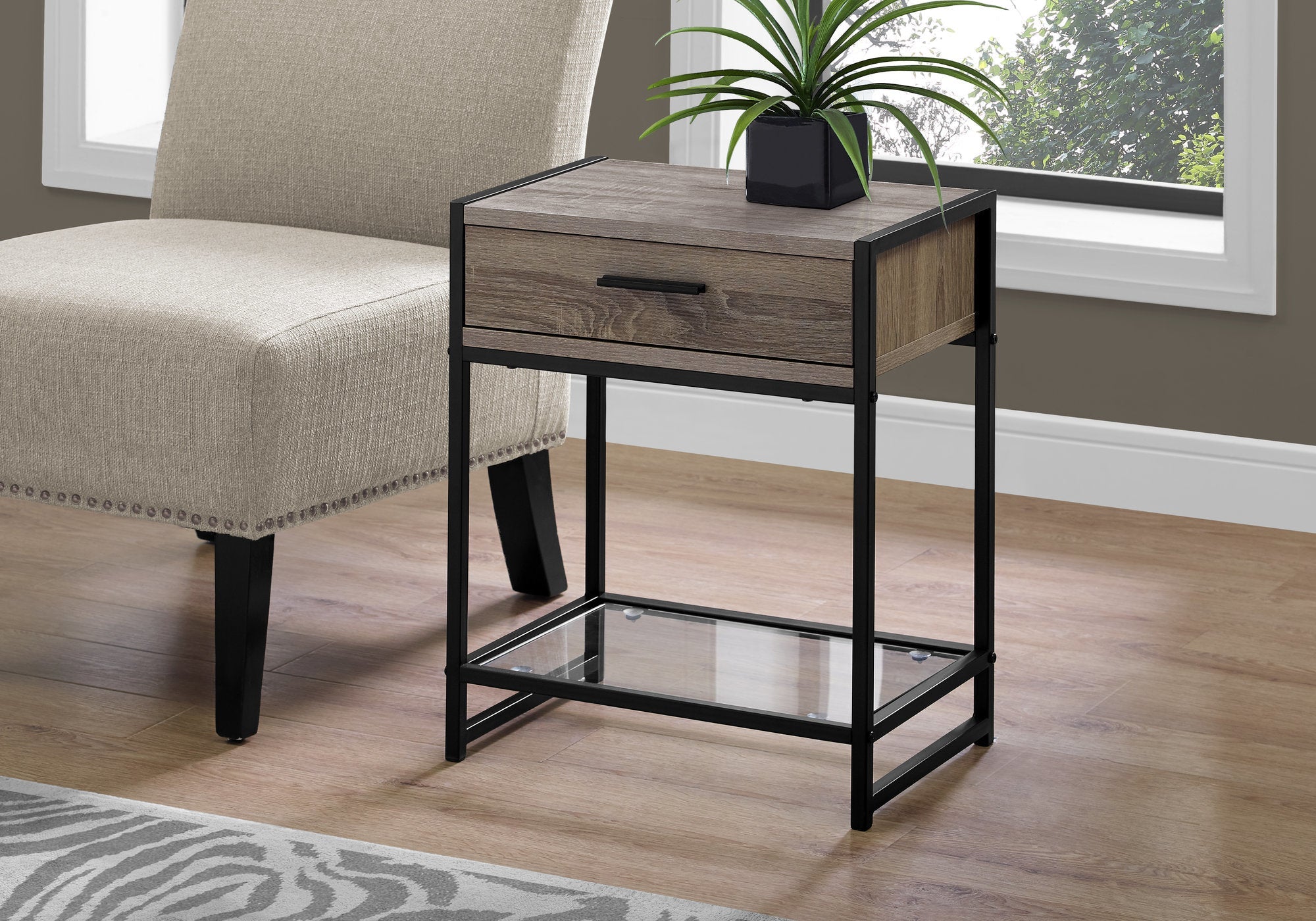 Modern Accent Table 22 Inch Height in Dark Taupe & Black with Tempered Glass Top - Perfect for Living Room, Bedroom or Office Decor