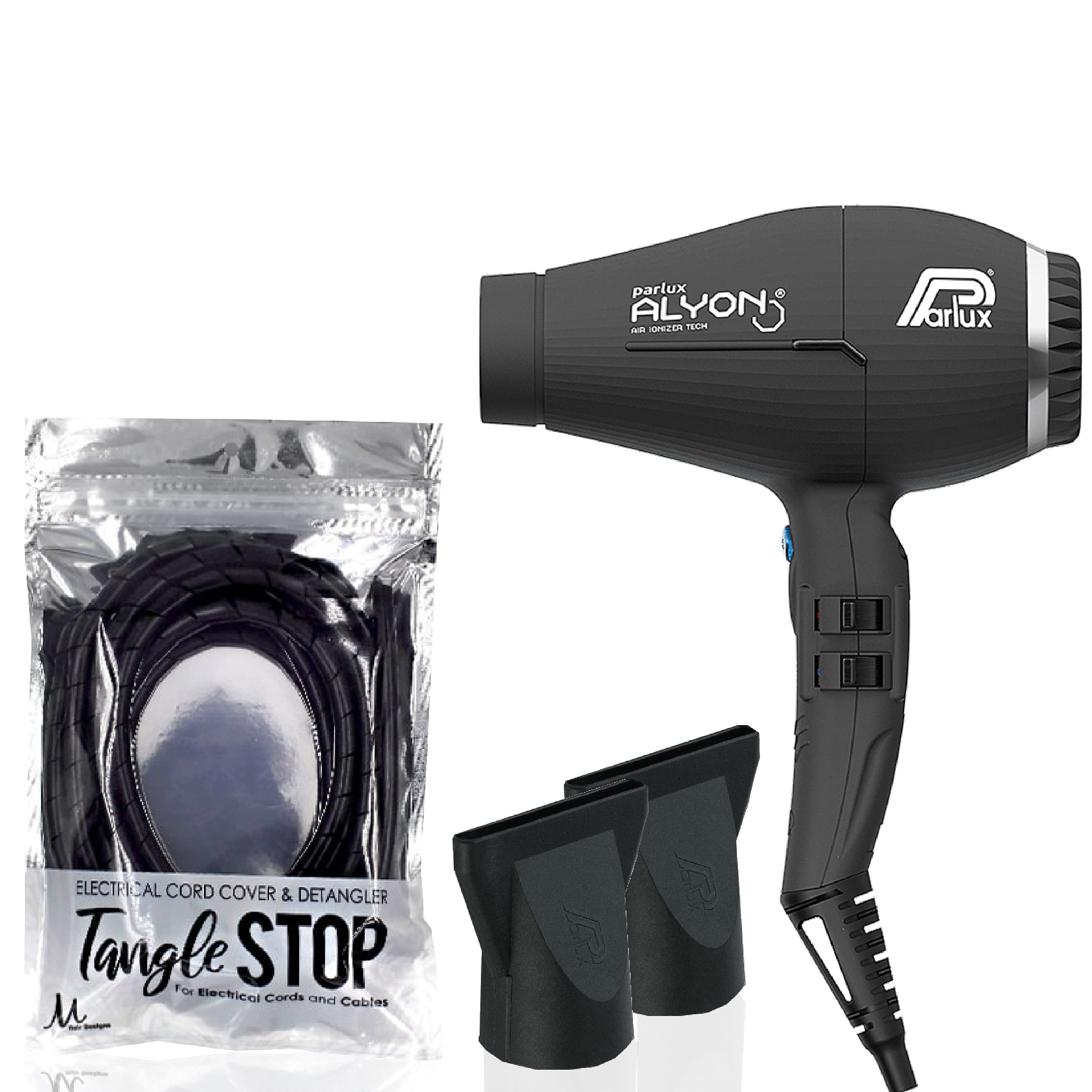 Parlux Alyon Matte Black Professional Hair Dryer with M Hair Designs Tangle Stop Cord Cover Detangler - Salon Quality Blow Dryer Bundle for Home & Travel Use