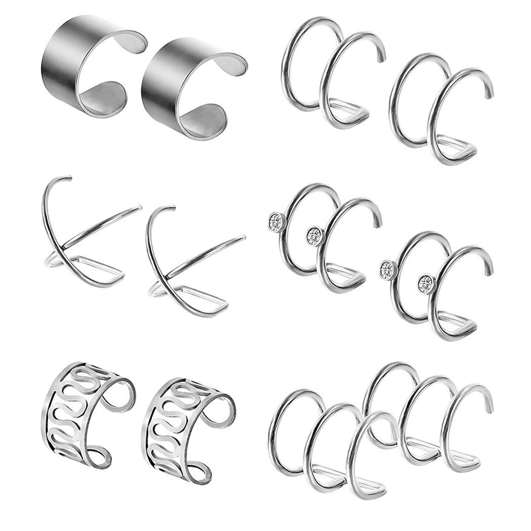 LIUCM 6 Pairs Stainless Steel Non-Piercing Earrings - Hoop Ear Cuffs & Clip-On Earrings for Women (Silver) | Perfect for Parties, Weddings & Everyday Fashion Accessories