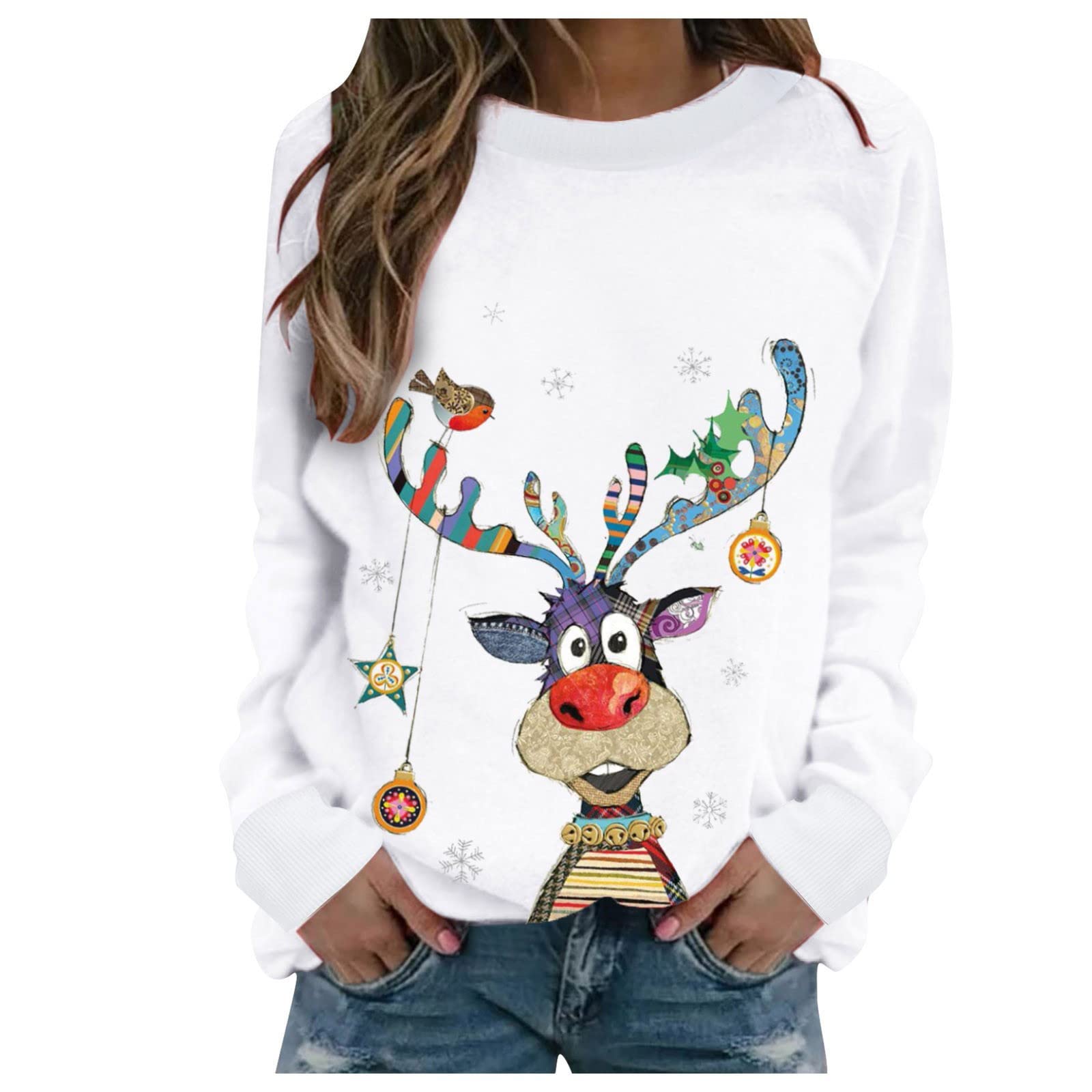 Women's Christmas Tops - Cute Printed Long Sleeve T-Shirts & Casual Crewneck Sweatshirts | Loose Comfortable Pullover for Holiday Parties, Gift Exchange & Winter Outfits