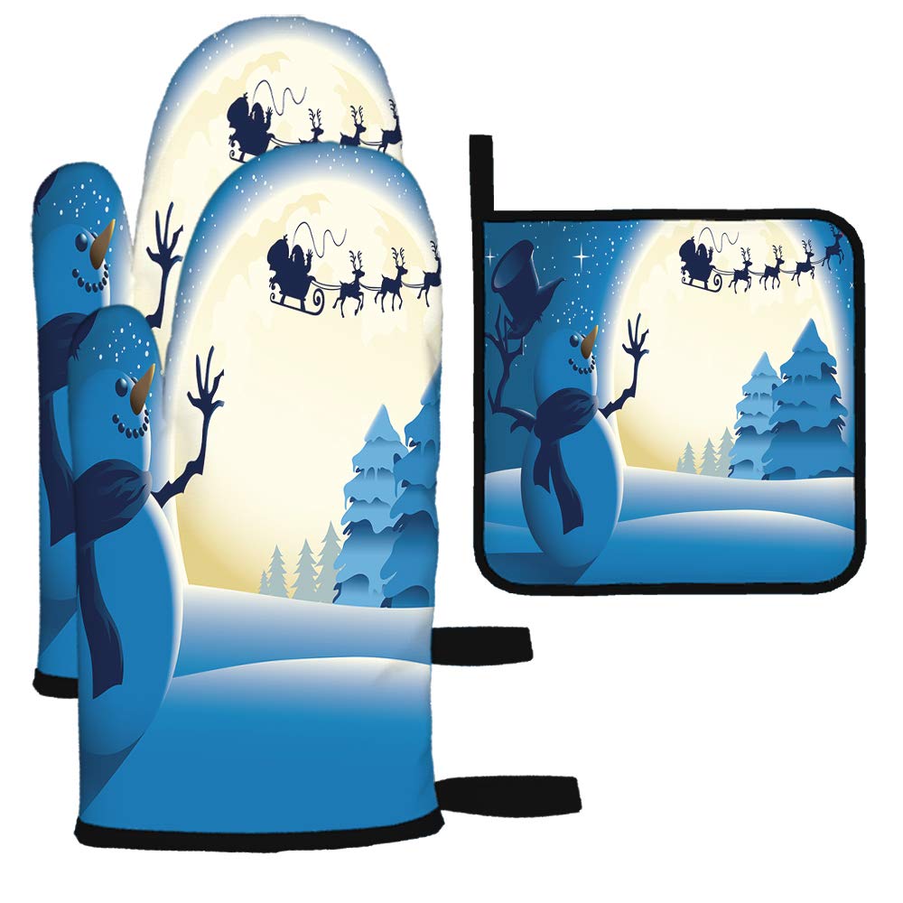 Happy Snowman Waving Oven Mitts and Pot Holders Set - Christmas Kitchen Accessories with Santa Sleigh, Reindeer & Stars Design - Heat Resistant BBQ Gloves for Baking, Grilling & Cooking (Perfect for Holiday Baking, Christmas Decor & Kitchen Gifts)