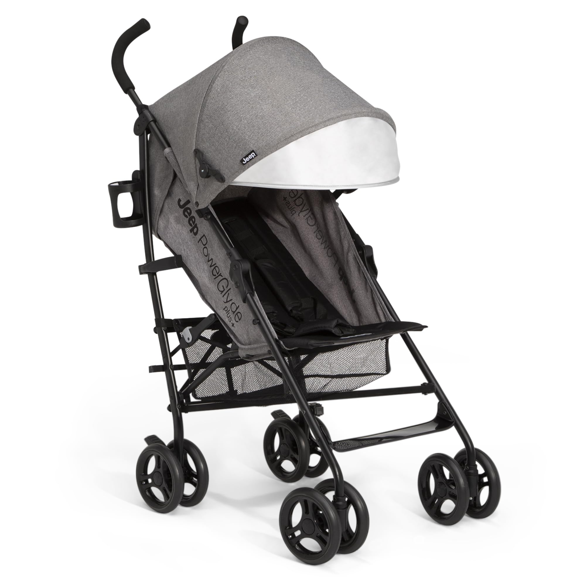Delta Children Jeep PowerGlyde Plus Lightweight Travel Stroller - Smooth Ride, Aluminum Frame, 4-Position Recline, Extra Large Storage Basket, Grey | Perfect for City Walks, Shopping & Air Travel with Baby