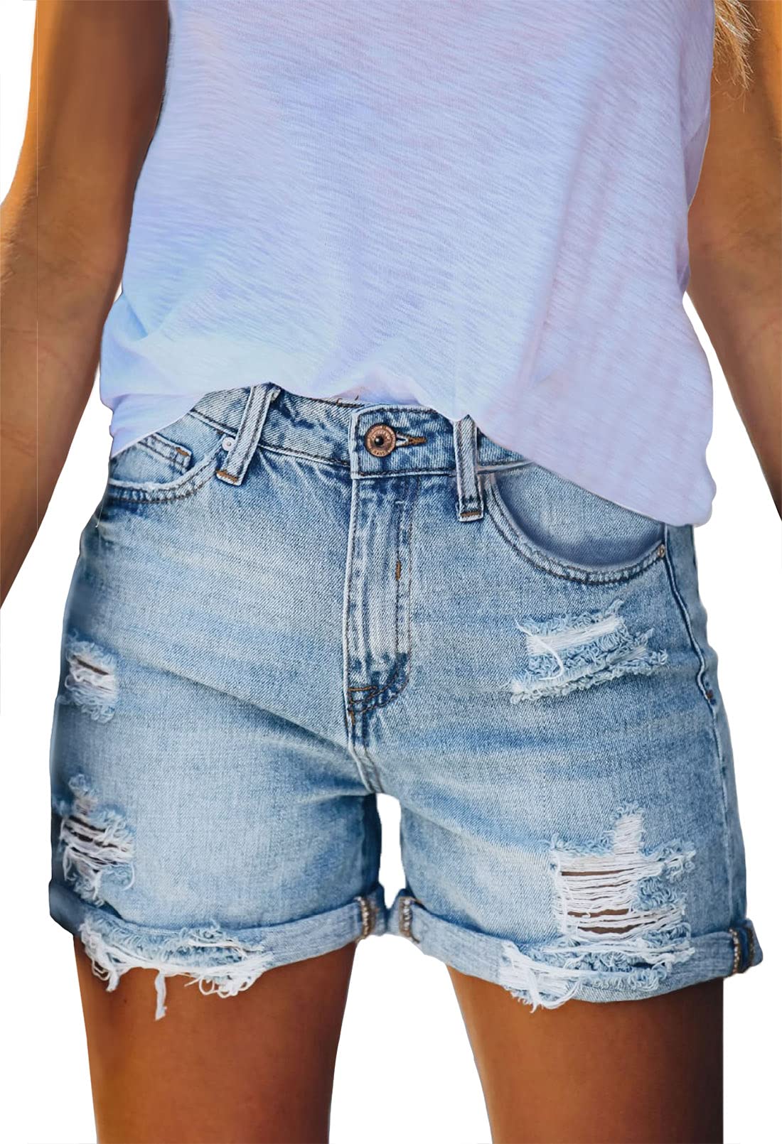 Women's High Waisted Distressed Denim Shorts - Ripped Hem & Frayed Details | Casual Summer Shorts for Women | Perfect for Beach, Streetwear & Music Festivals